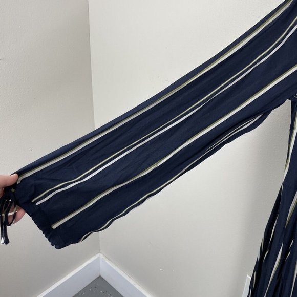 Urban Outfitters Striped Midi Wrap Dress Women's Size L Navy Blue Long Sleeve - Picture 3 of 9